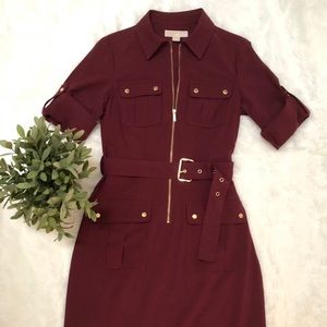 Michael Kors maroon belted zip front dress
